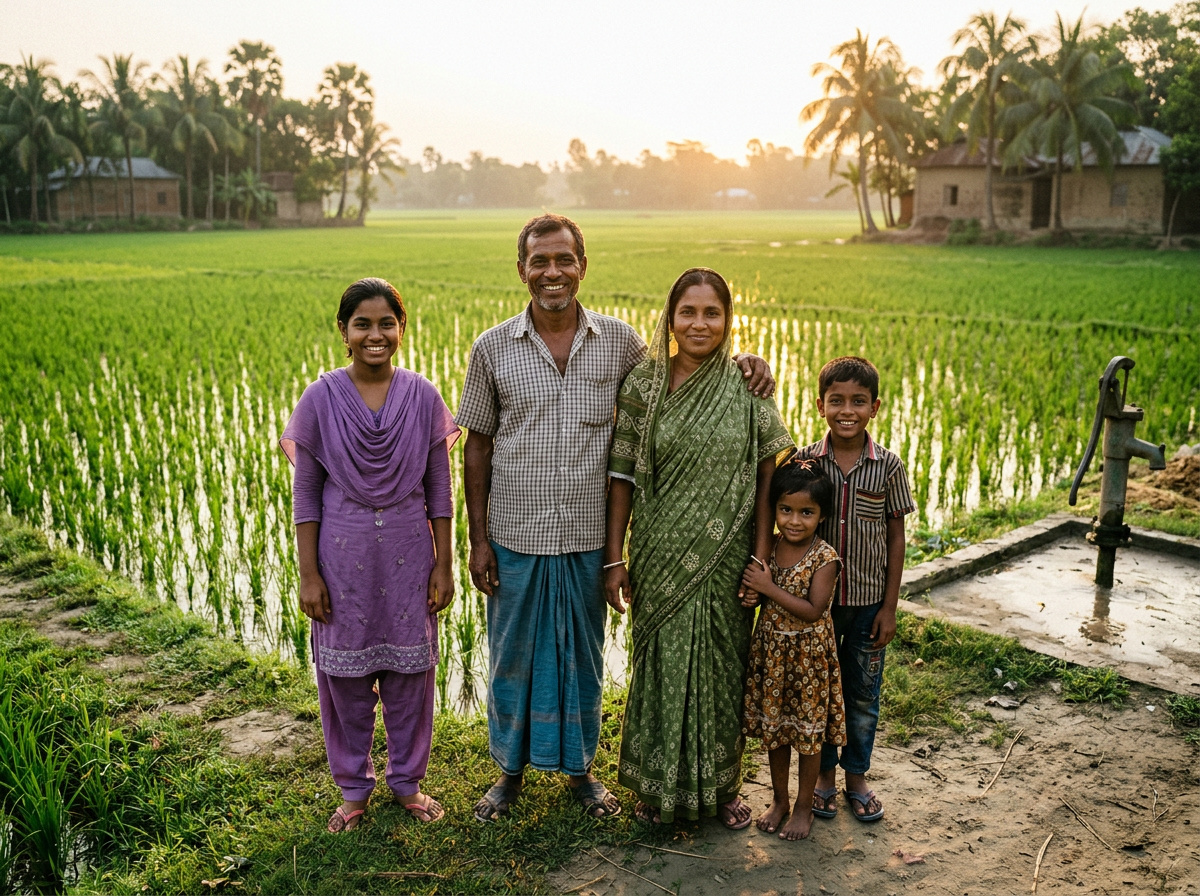 A happy farmer with his wife and children beside a lush crop field