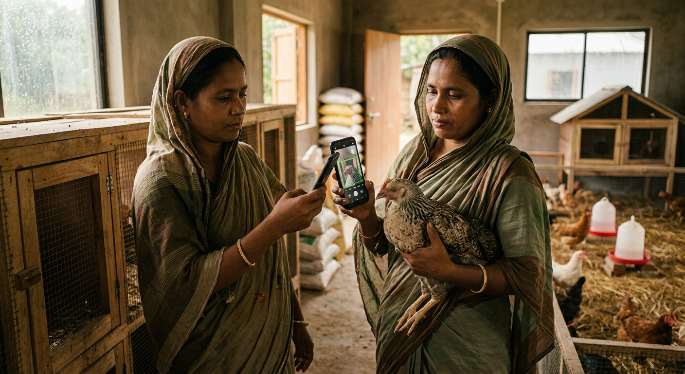 A female farmer photographing a sick chicken for digital disease identification