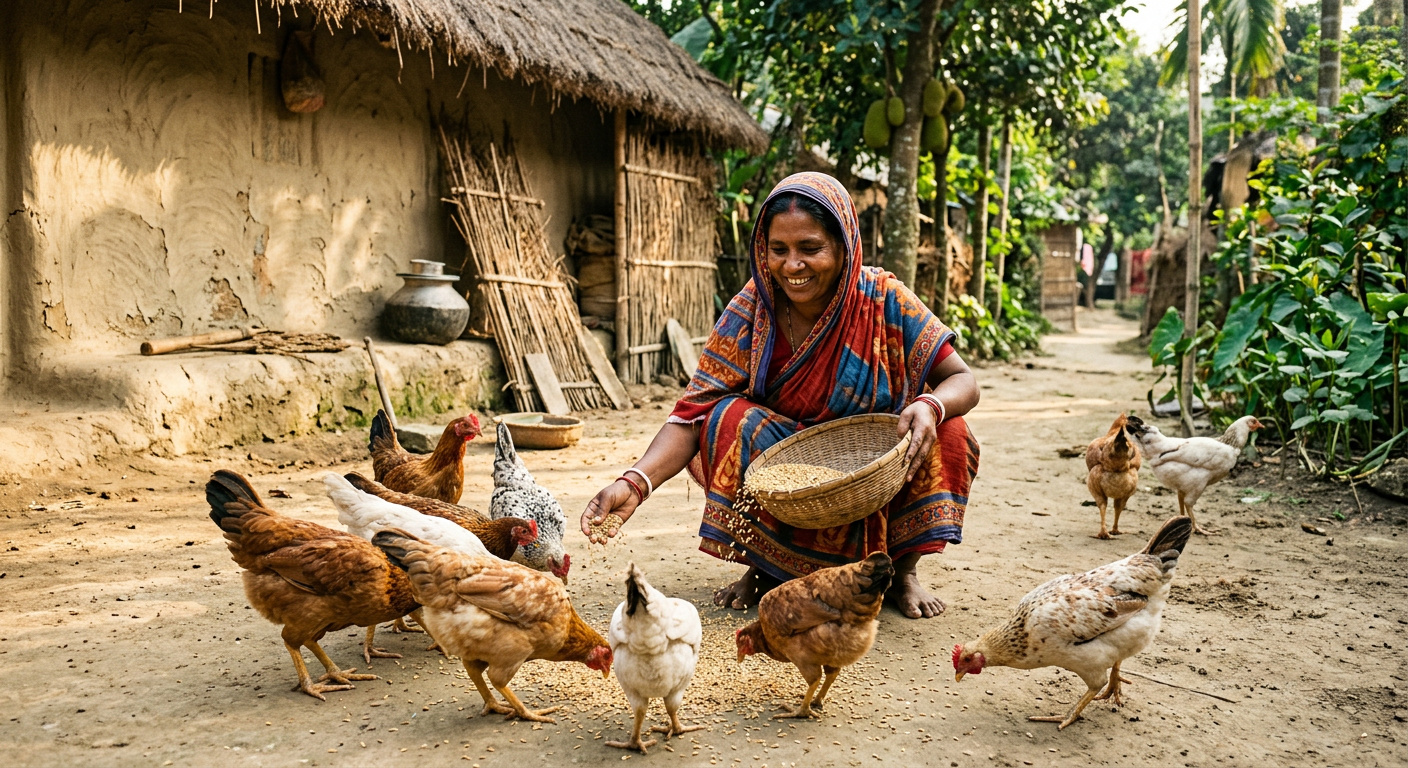 A rural Bangladeshi woman feeding free-range local chickens in her sunny village courtyard