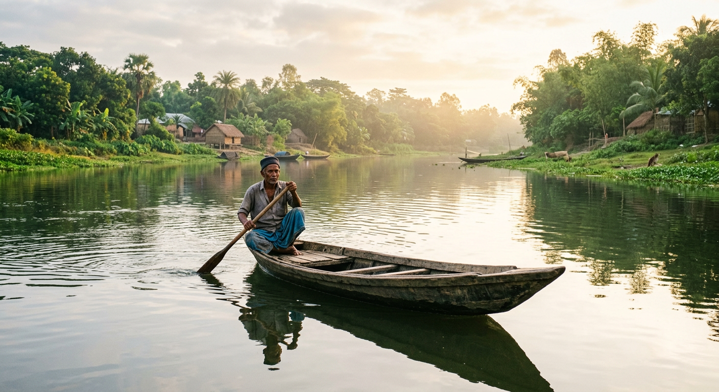 A traditional fisherman rowing a small wooden boat on a calm rural river