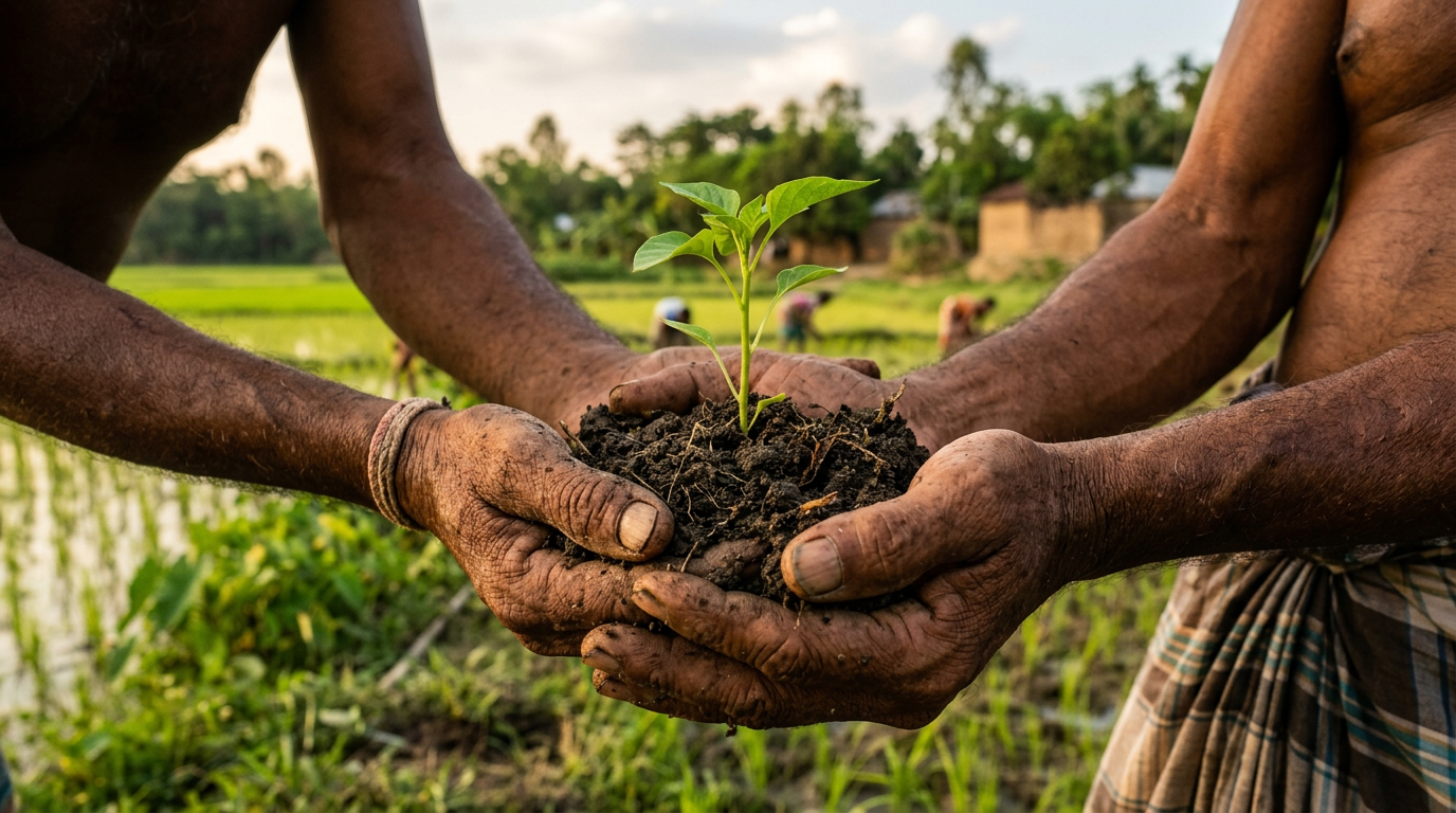 A farmer holding fertile soil with a healthy green sapling