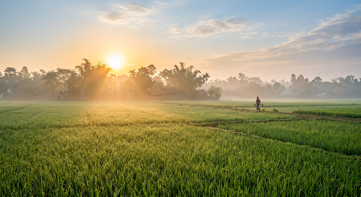 A winter sunrise over a vast dew-covered green agricultural field