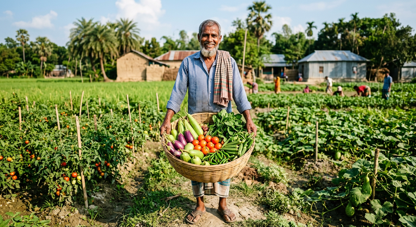A smiling farmer holding a bamboo basket full of colorful harvested vegetables