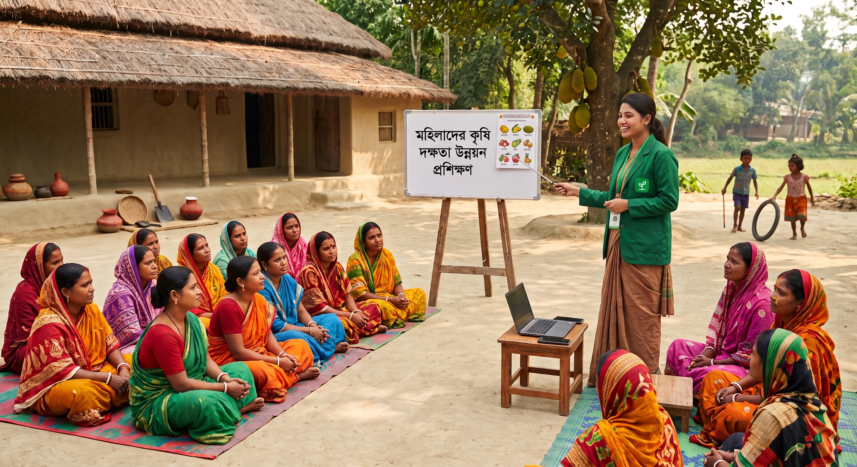 Women attending field training in a traditional Bengali village courtyard