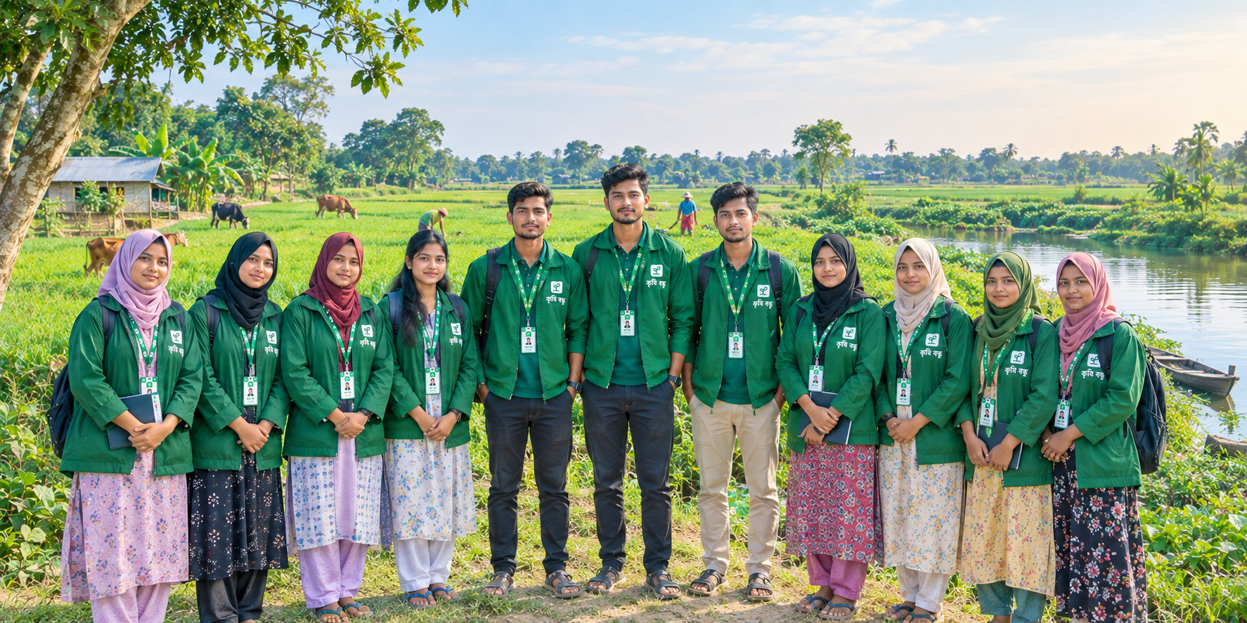 Krishi Bondhu field team standing in a lush crop field