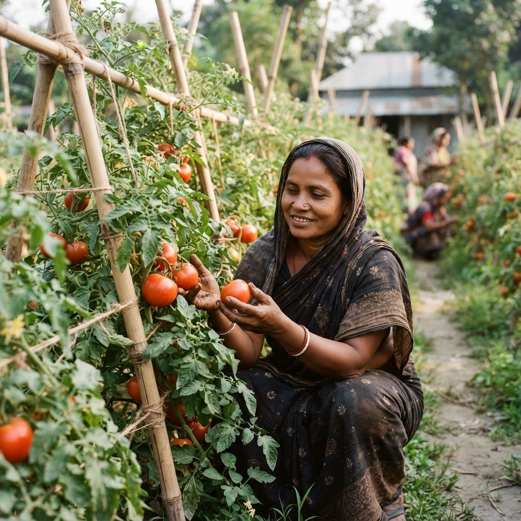 Woman examining a tomato plant