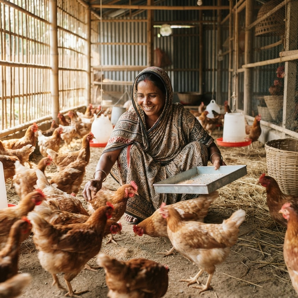 Woman caring for poultry